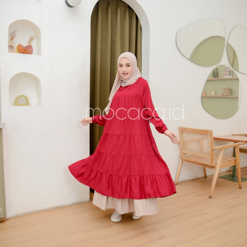 Midi Dress 5 Susun Busui Kerah Collar - pink merah fanta