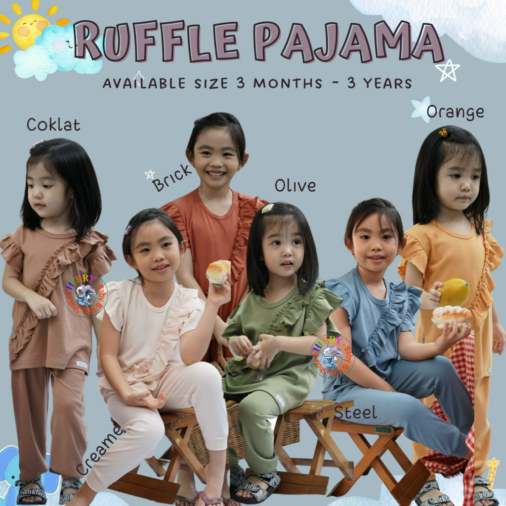 Aruchi Ruffle Pajama 3M-4Y Setelan Kombinasi Cotton Ruffle Series Baju Pendek Celana Panjang Renda Aruchi CBKS