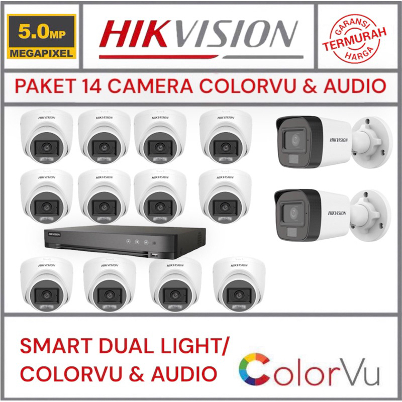 paket camera cctv 14 kamera hikvision 5mp dual light colorvu + audio 16 channel ch malam tetap berwarna colour 16ch