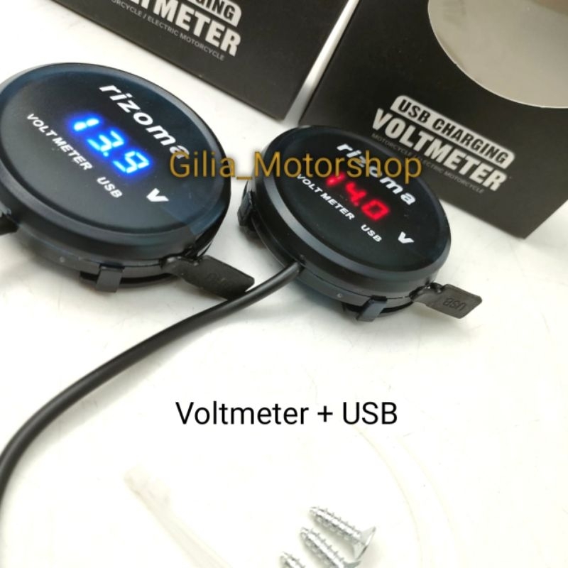 Voltmeter bulat rizoma plus USB nyala LED biru merah Universal Motor