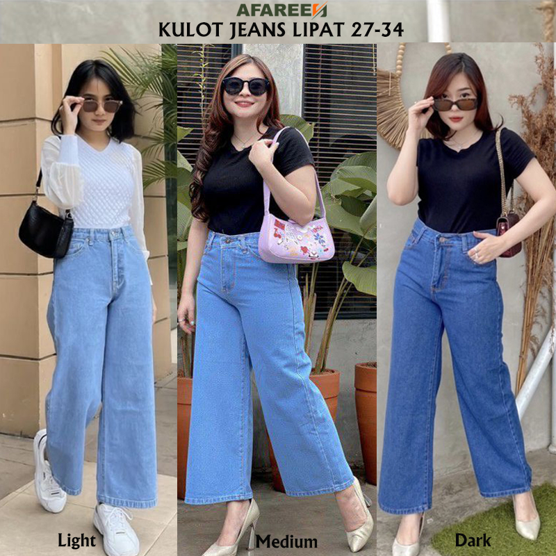 AFAREEN - Kulot Jeans Highwaist Wanita Celana Jeans Boyfriend Snow Lipat 27-34
