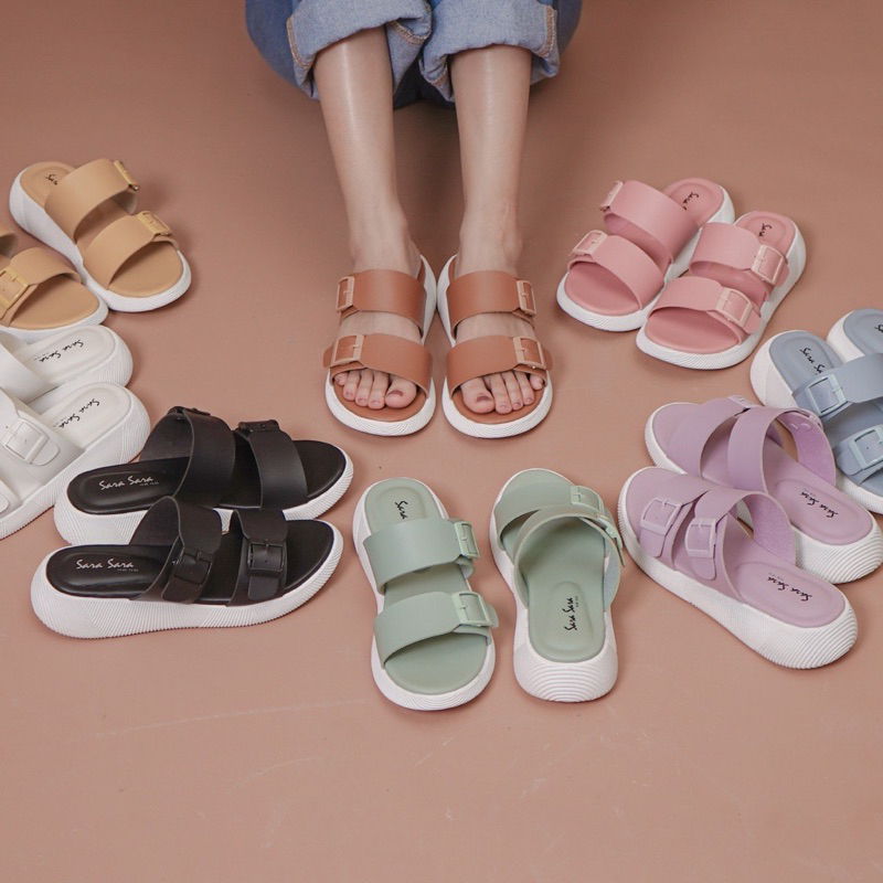 Sandal Birken Sara Sara JEAN Sandal wanita casual sandal slop kekinian model ban dua sendal cewe casual dan formali