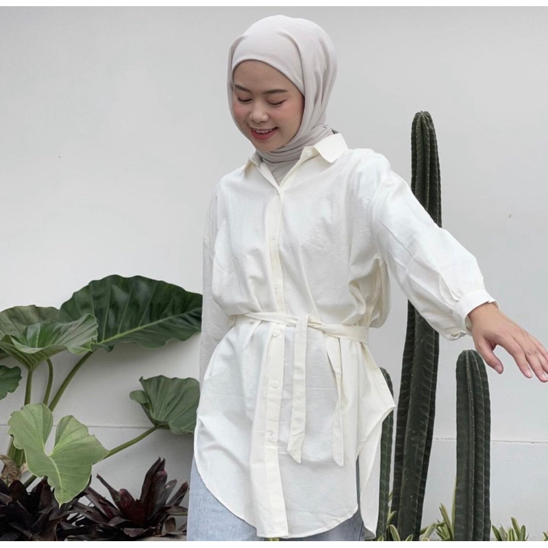 Tamstore Kemeja Wanita Basic Linen Blouse Kemeja Polos Variasi Tali Purry Shirt