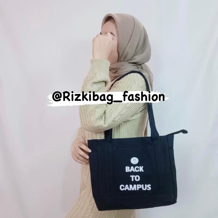 Totebag Wanita Kanvas Aesthestic Resleting Back To Campus Kuliah