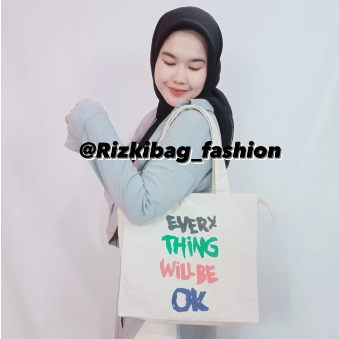 Totebag Wanita Everyting Will Be Ok Pakai Resleting