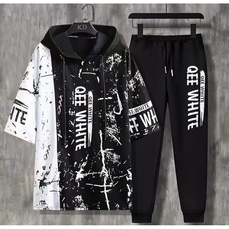 STELAN KAOS HOODIE PRIA SETELAN COWOK WHITE + CELANA JOGGER PANTS PREMIUM