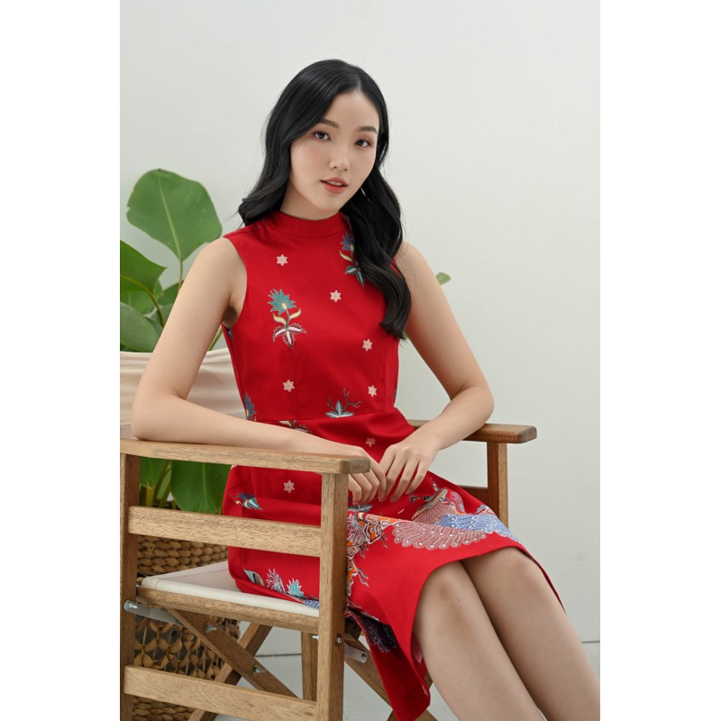 Dress batik wanita asimetris tanpa lengan / dress pesta batik wanita merah / dress CNY 3310 311