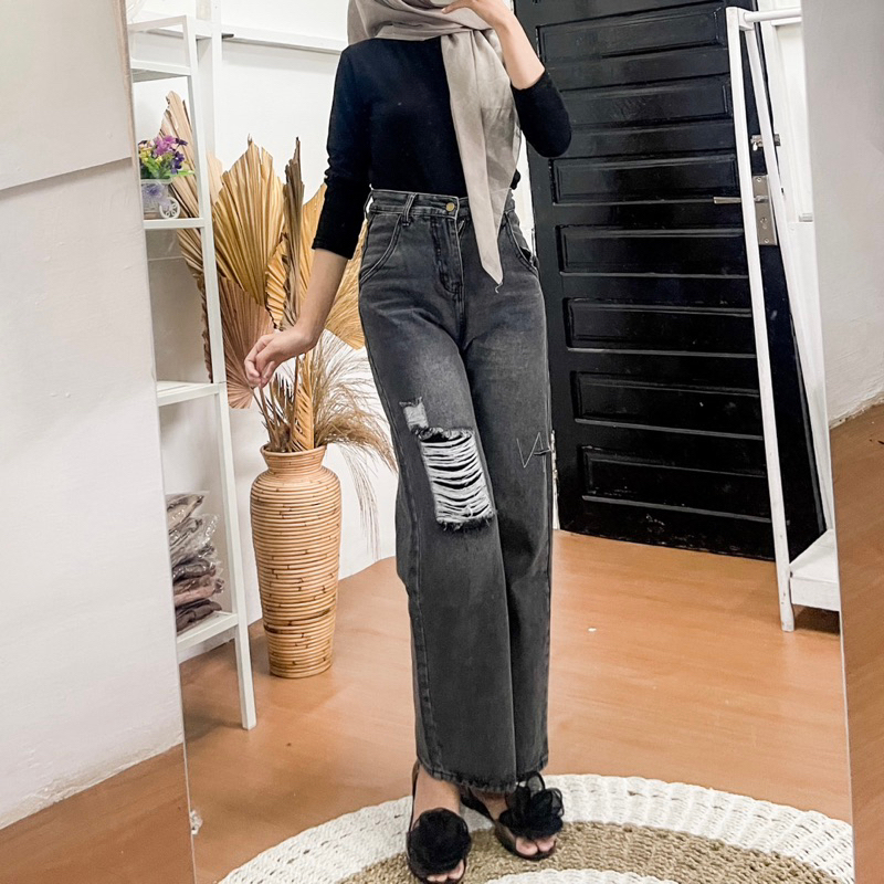 Jeans Ripped Black Wash Highwaist Loose Kulot
