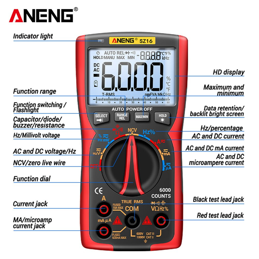 ANENG Digital Multimeter Voltage Tester 6000 Counts Frequency - SZ16 - Red