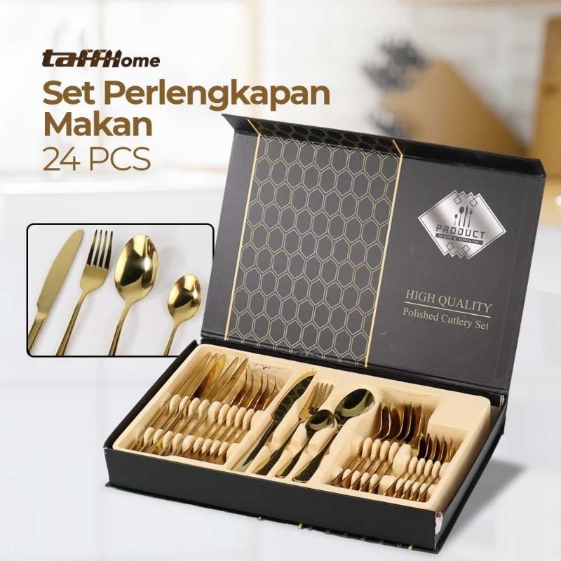 TaffHOME Set Perlengkapan Makan Sendok Garpu Pisau Cutlery 24 PCS - TW824 Gold