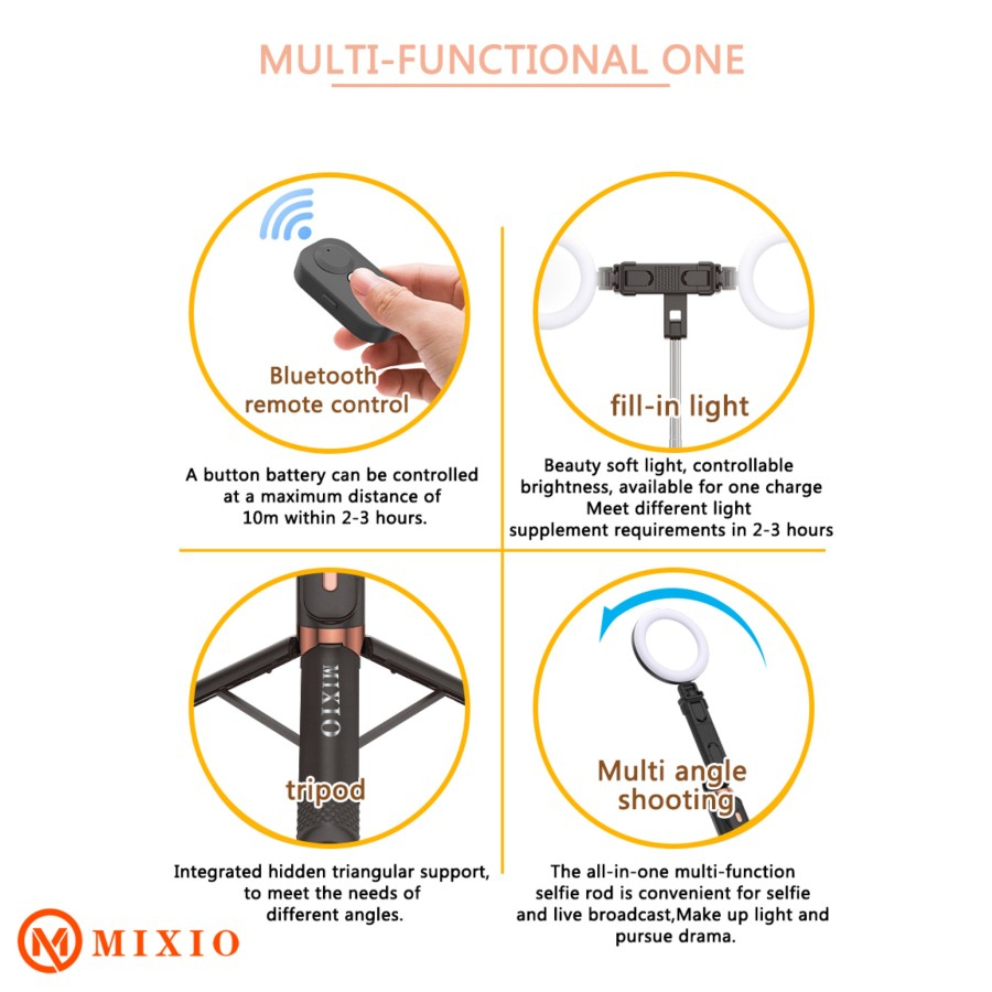 MIXIO A37 - TONGSIS NEW MODEL 110CM Tongsis Bluetooth Selfie Tripod with 2 Ringlight