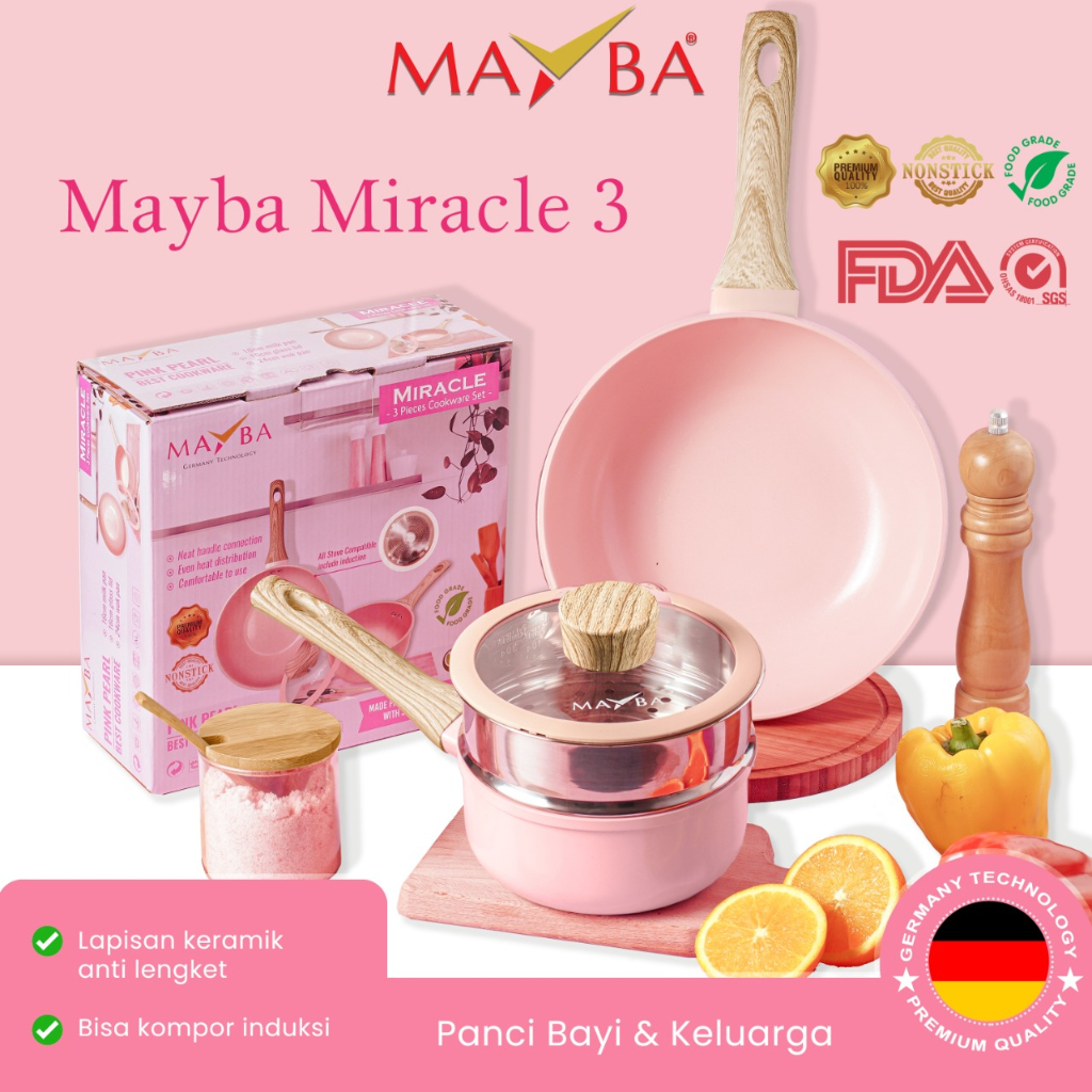 Panci Set Mayba isi 3 pcs Miracle Pastel Black Pink - Panci Susu milkpan Plus Wokpan comfortable in use