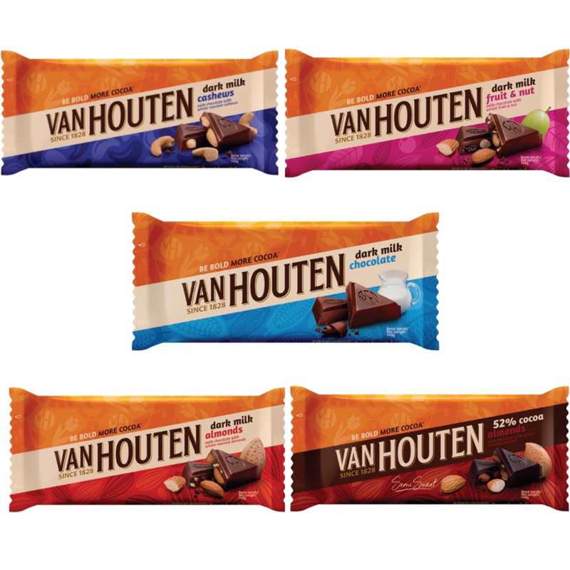 

Van Houten Chocolate 140gr / Chocolate / Coklat / Cokelat / Van Houten / Vanhouten / 140gr / Almond / Kacang / Tin / Dark / 52% / Cocoa / Milk / Hitam / susu / cocoa / Fruit / & / Nut / Cashew