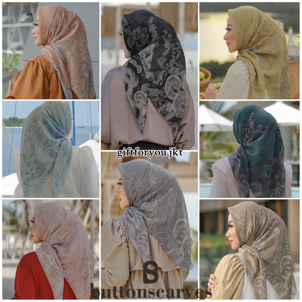 Buttonscarves The Wave Series Voal Square Jilbab Hijab Button Scarves Kerudung Premium Lagoon Midnig