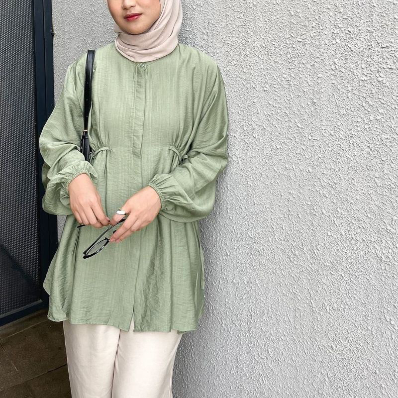 Kemeja Polos Wanita Tali Pinggang Polo Linen Aliza