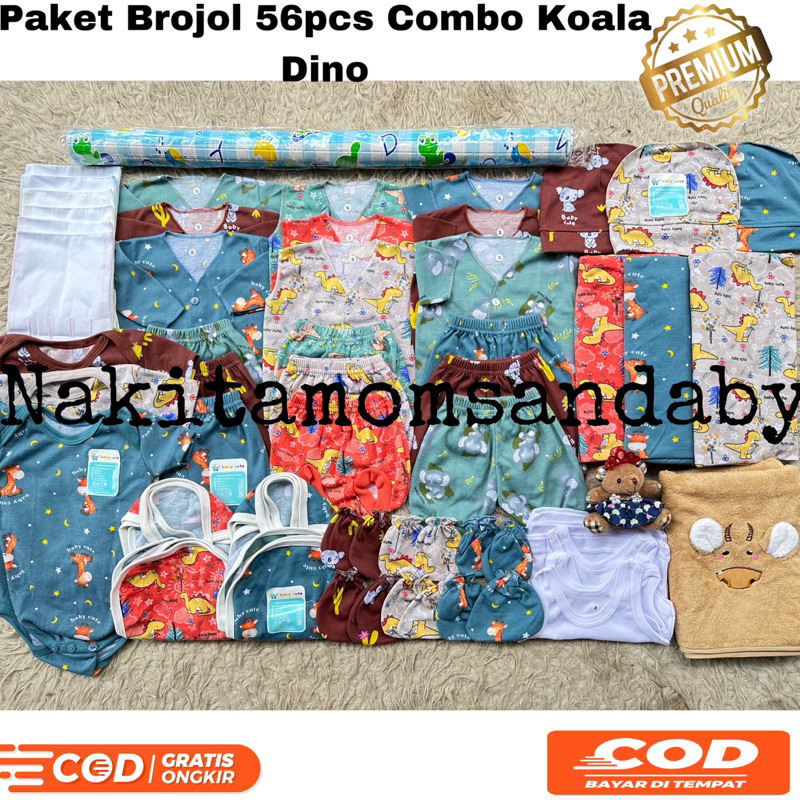 56pc Paket lahiran komplit perlengkapan Baju Bayi celana bayi kado Combo Mix Koala Dino Jumper handuk newborn SNI Promo 8.8