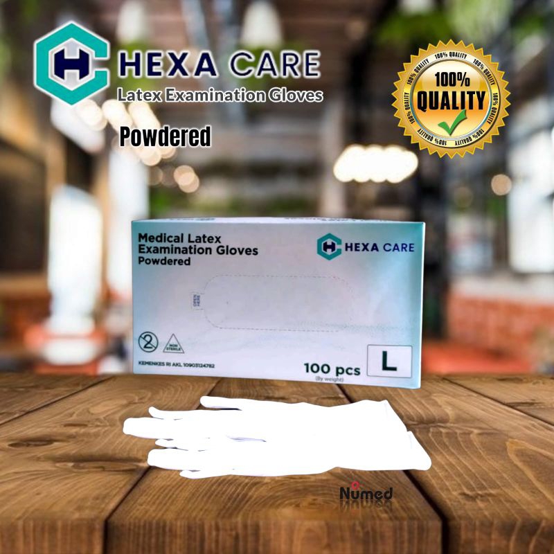 Sarung Tangan Karet Latex Medis Oroginal Hexa Care / Latex Powder Examination Gloves Hexa Care