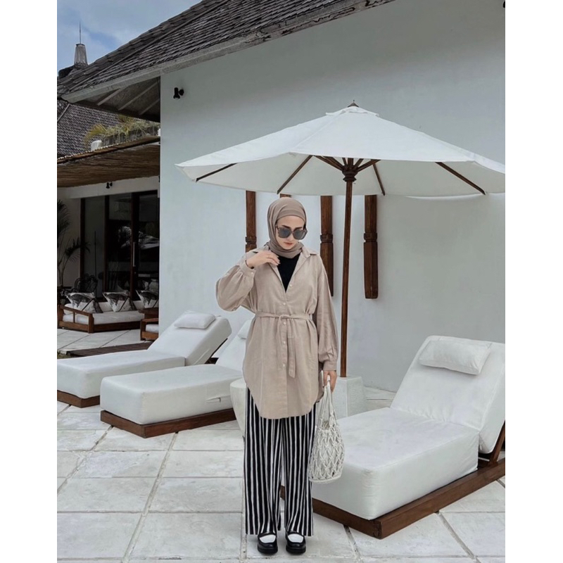 Tamstore Kemeja Wanita Basic Linen Blouse Kemeja Polos Variasi Tali Purry Shirt