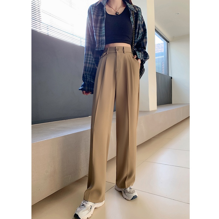 Khaki/Hitam Highwaist Loose Kerja Celana Setelan Wanita Korean