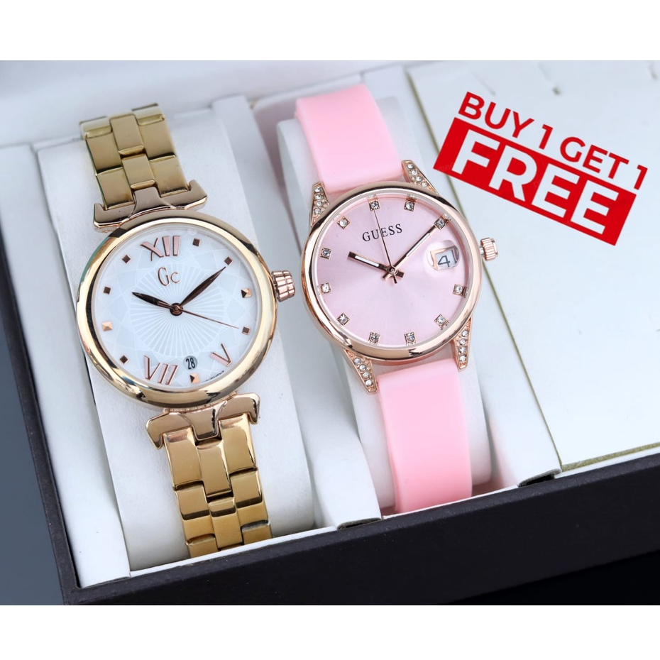 Buy 1 Get 1 Free✅ Jam tangan wanita Strap Karet Dan Strap Stainless Beli 1 Gratis 1 Free Batrai