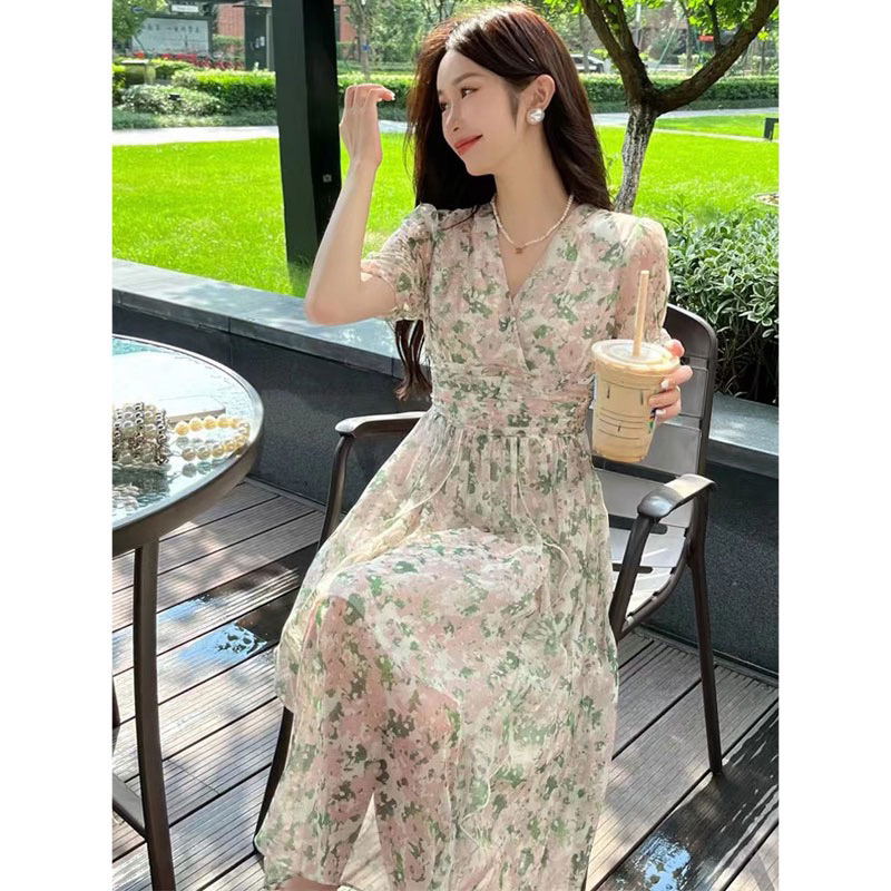 Dress Slim Waist Green Flower Dress M323