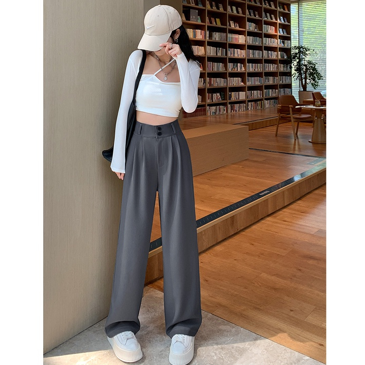 Abu-abu Celana Setelan Wanita Korean kekinian Highwaist Loose Celana Panjang Wanita  (Ada karet)