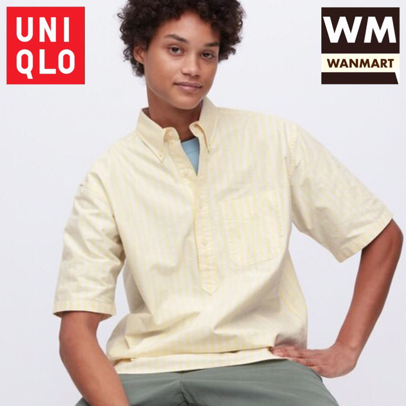 UNIQLO Men Shirt Kemeja Pria Oxford Garis Lengan Pendek Yellow
