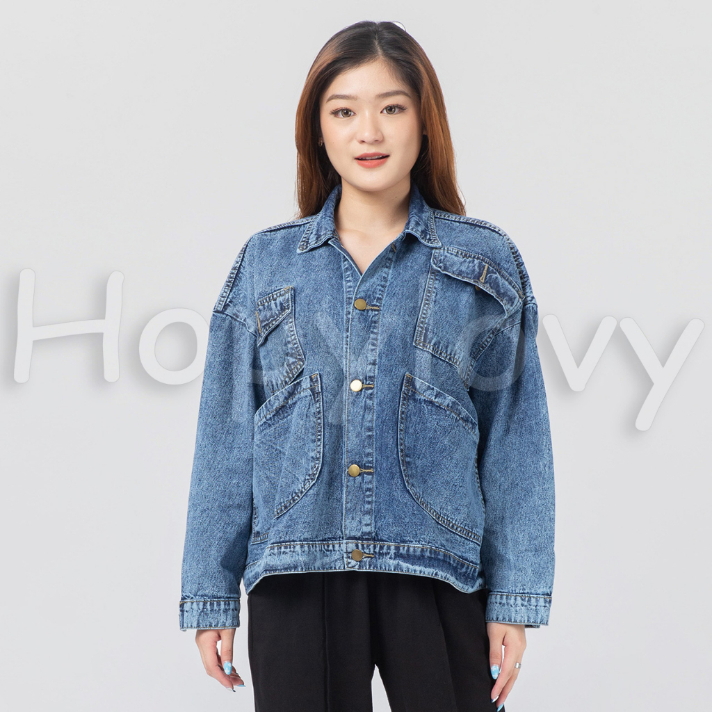 Jaket Jeans Wanita Kekinian 4 Kantong Depan Oversize Jaket Jeans Barsha HOPYLOVY