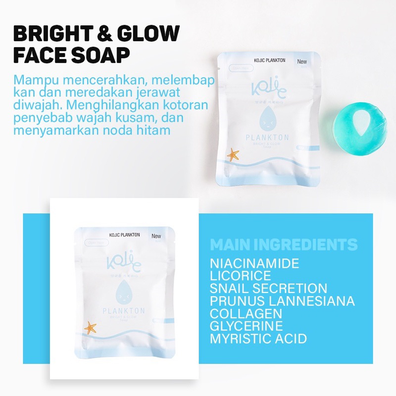 Bright &amp; Glow Face Soap By Kojic Plankton Sabun Wajah Kojic Plankton Untuk Mencerahkan Melembabkan Mengurangi Jerawat Bekas Jerawat Noda Hitam Anti Kusam
