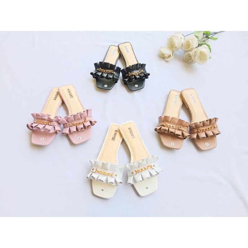 Sandal Slop Wanita Kerut Rantai/Sandal Slop kekinian