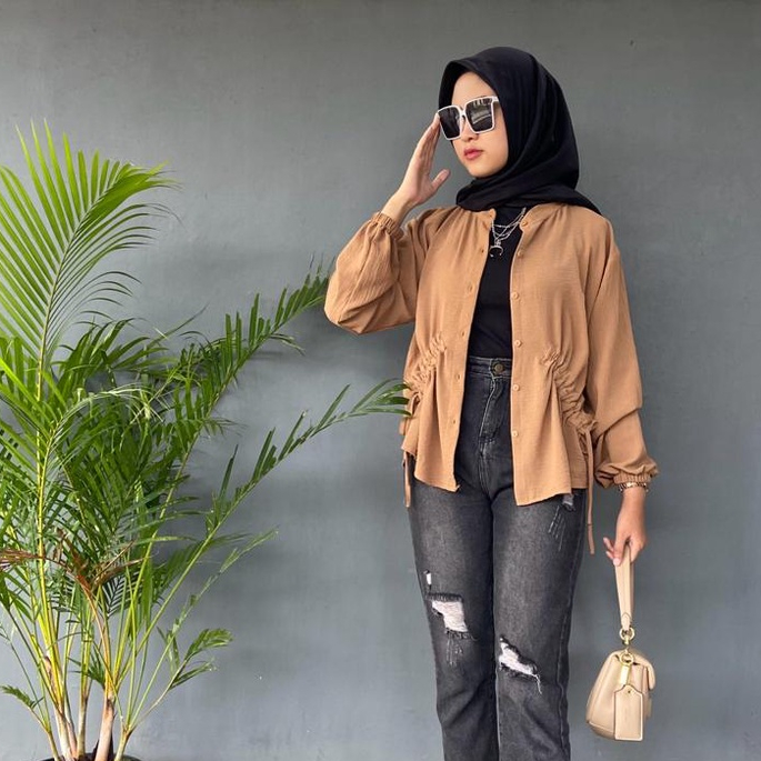 Meira Blouse Serut Crinkle Wanita - Blouse Tali Serut - Kemeja Serut Crinkle Airflow - Atasan Wanita - Blouse Cantik Wanita- Kemeja Basic Oversized