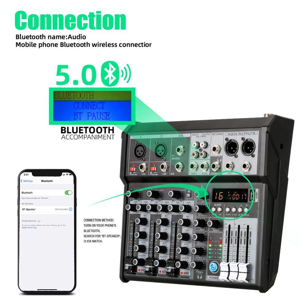 Mixer Audio Profesional  PG4S 16DSP bawaan 4/6 saluran mendukung pemutaran Bluetooth/USB/MP3/PC Peralatan rekaman Koleksi instrumen keluarga bernyanyi dj menggunakan