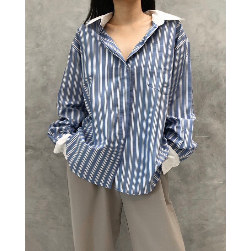 SIVALI Lavena Top || Stripe Shirt - Kemeja Salur Garis Blouse Atasan Wanita Lengan Panjang