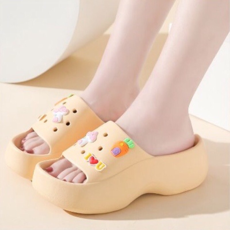 Sandal Sendal Slip-On Selop Empuk Sole Tinggi Fuji Jibbitz Viral Terbaru Wedges Import Wanita Cewek 