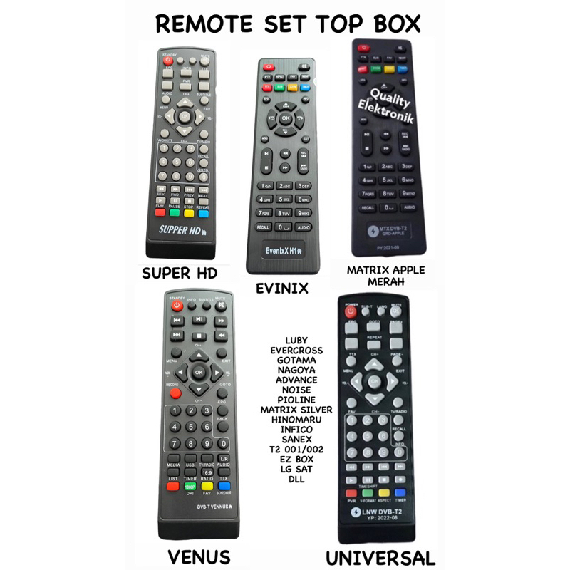 REMOTE SET TOP BOX UNIVERSAL LUBY VENUS MATRIX SUPER HD EVINIX PIOLIN INFICO EVERCROSS DLL