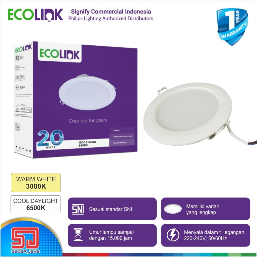 ECOLINK EDN200B Downlight 20W LED Tanam Langit2 Plavon 20 Watt Lampu Plafon 20Watt