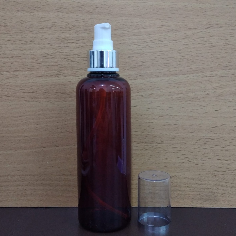 Botol Plastik PET 250ml BR Coklat Amber Tutup Pump Treatment Full Cap Neck