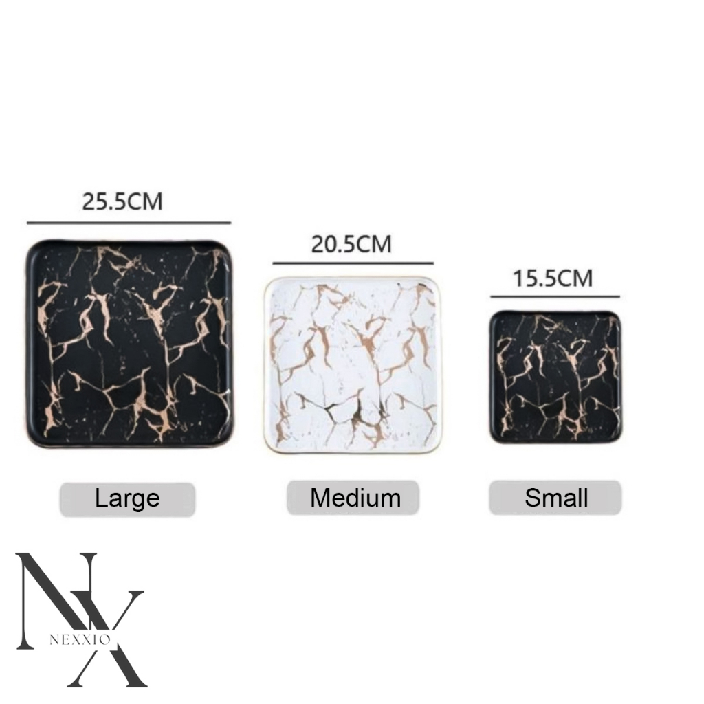 NEXXIO Crackle Plate Kotak ceper/piring Marbel / Piring makan Marbel / Piring Saji Mewah / Piring Saji Marble Gold