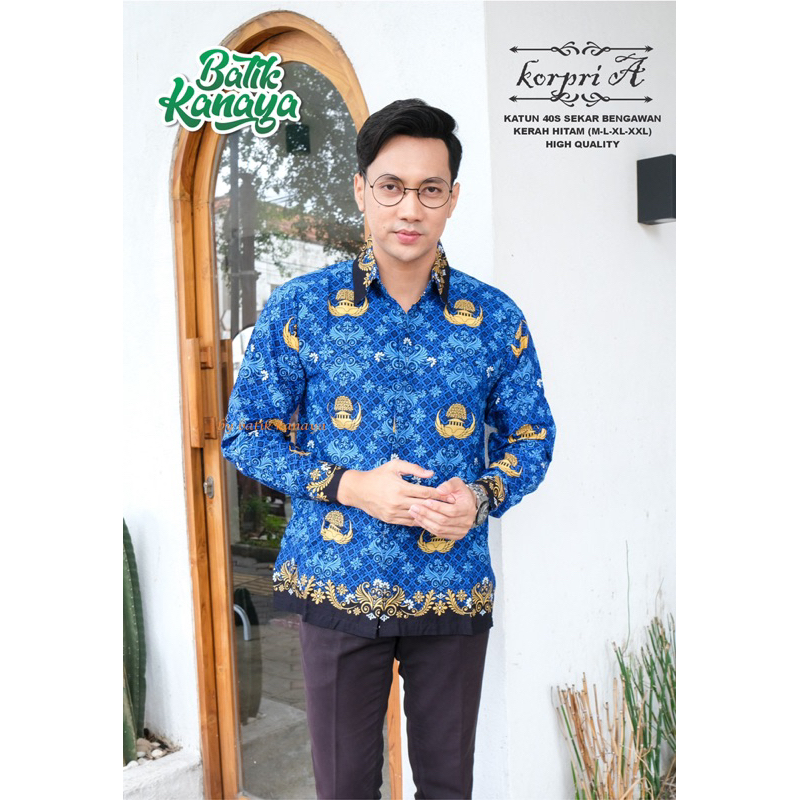 Kemeja Batik Korpri Pria Terbaru Lengan Panjang Bahan Katun 40S Kerah dan Lengan Hitam Kualitas Premium by Kanaya