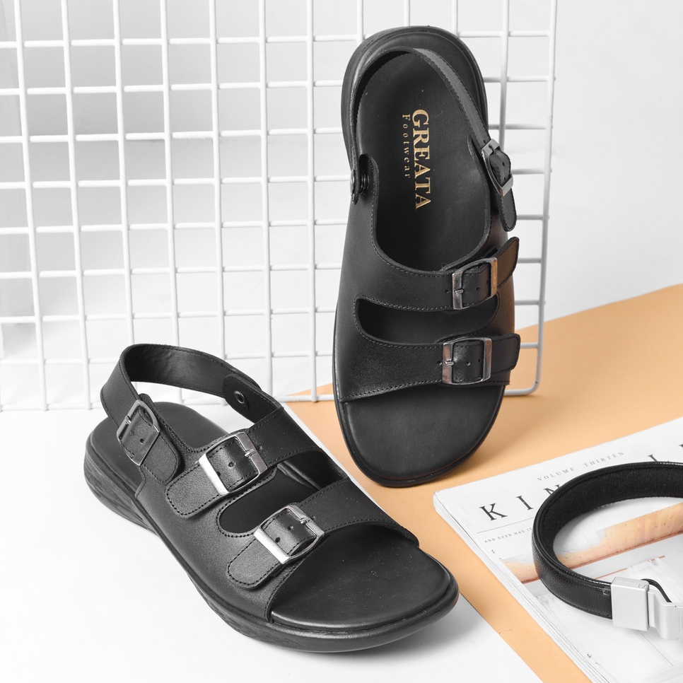 MOZZA 02 BLACK (KULIT ASLI) |ManNeedMe x GREATA| Sandal Pria Casual Sendal Slip On Kulit ORIGINAL