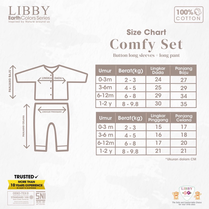 Libby Comfy set Stelan baju panjang kancing depan /piyama bayi Earth colour series