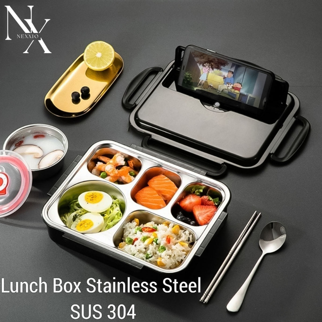 NEXXIO Lunch Box Kotak Makan 4 Sekat Stainless / Lunch Box Stainless Tahan Panas Dan Anti Tumpah