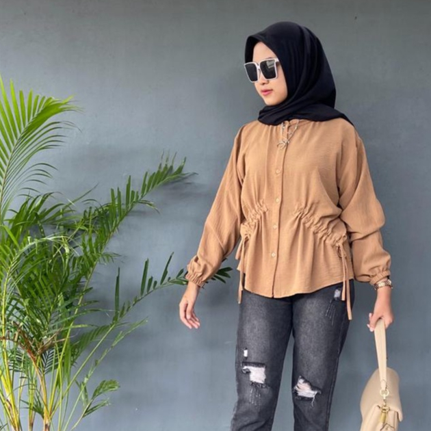 Meira Blouse Serut Crinkle Wanita - Blouse Tali Serut - Kemeja Serut Crinkle Airflow - Atasan Wanita - Blouse Cantik Wanita- Kemeja Basic Oversized