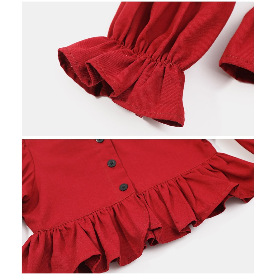 Setelan Set Anak Perempuan Merah Ruffle Korean Style + Celana