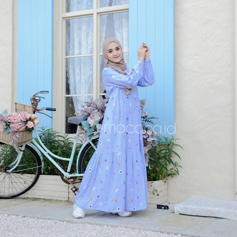 Gamis rumahan renda depan busui rayon premium - motif sky blue flowers