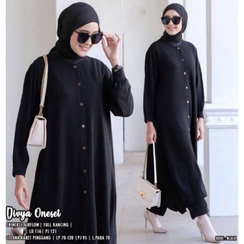 SETELAN CRINKLE AIRFLOW PREMIUM / SETELAN WANITA LONG TUNIK AKSEN KANCING DEPAN VARIASI BELAKANG (BANYAK SIZE M. L. XL. XXL)