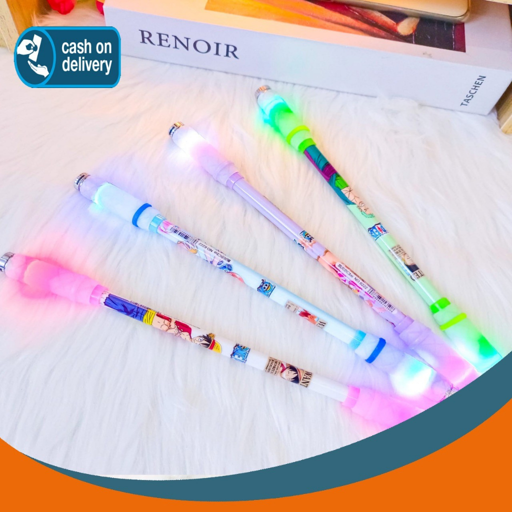 PULPEN PUTAR MAGNET LAMPU LED MOTIF ONE PIECE ALAT TULIS BOLPOIN UNIK IMUT MURAH PEN GEL KARAKTER LU
