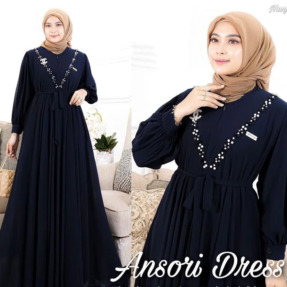 Ansori Dress Gamis Impor Terbaru 2023 / dress Bahan Ceruty Babydoll Aplikasi swaroski Mutiara Tali Pinggang Misah Dress Terbaru Muslim Kekinian Model Gamis Kondangan Lebaran Terbaik 2023