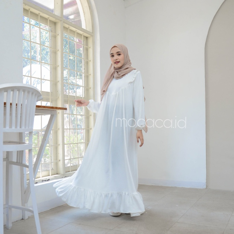 dress gamis crincle putih gading tulang broken white anti kusut tidak usah di setrika busui friendly bisa gosend bandung