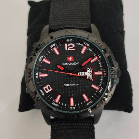 (New) Jam Tangan Cowok Swiss Commando Stainless Steel Tanggal hari  Tali Kanvas -Water-Resistant